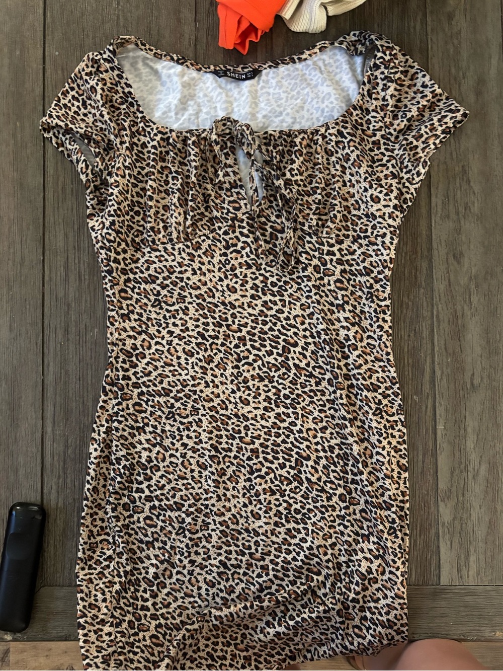 SHEIN Brown Leopard-Print Tie-Front Short Sleeve Dress
